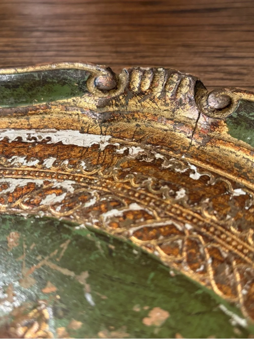 Vintage Italian Florentine Gilt Tray Green Gold Ornate Rococo Tole Style 13”
